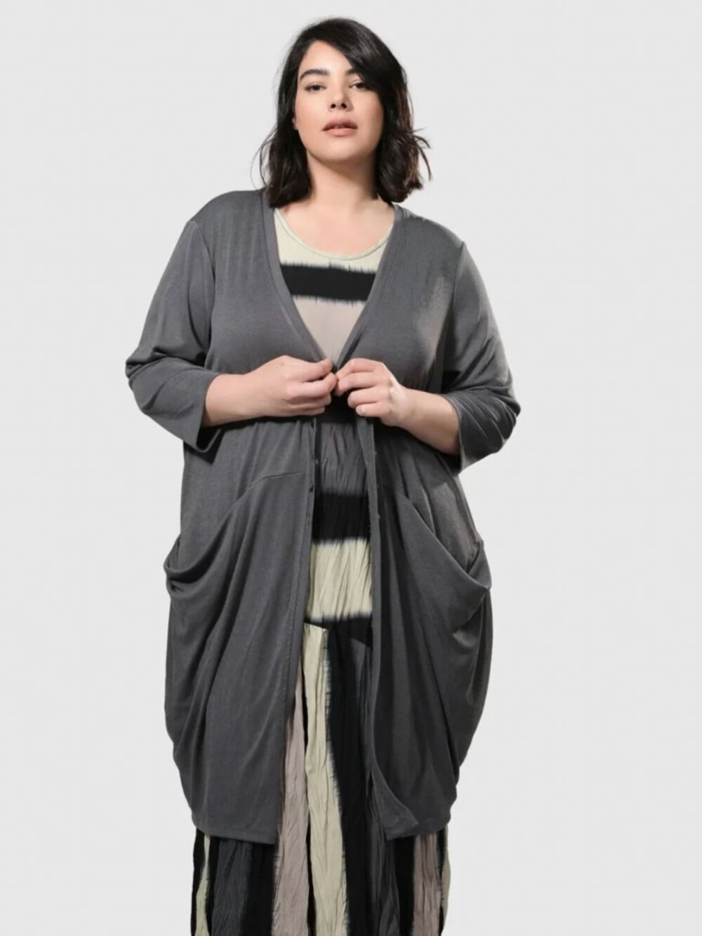 Alembika Essential Draped Cocoon Tunic Jacket Fog Gray Stripe Size 6 | US 16-18